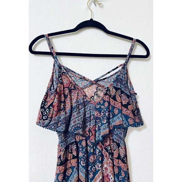 American Eagle Womens XS Boho Maxi Dress Ruffle Front Crochet Trim Front Slits - Picture 5 of 8